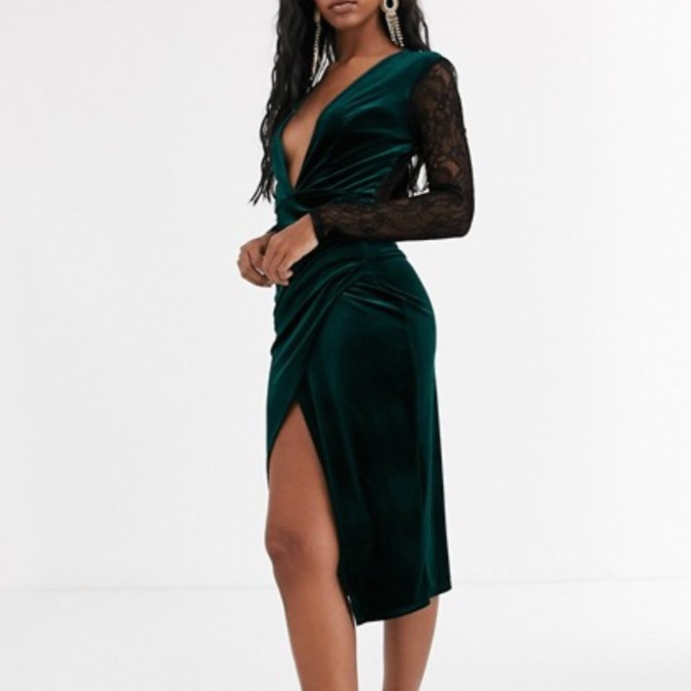 ASOS DESIGN velvet lace long sleeve wrap mididress